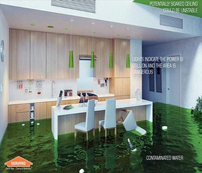 Kitchen with flooding water all around.