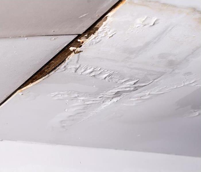 Ceiling ruined by water damage with peeling paint.